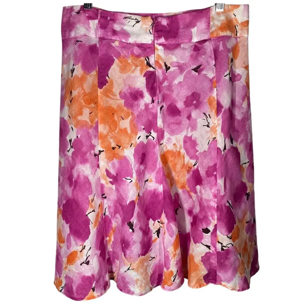 Allison Taylor Floral Skirt 100% Linen Pink Orange White Watercolor Womens Sz 8 - Picture 2 of 5